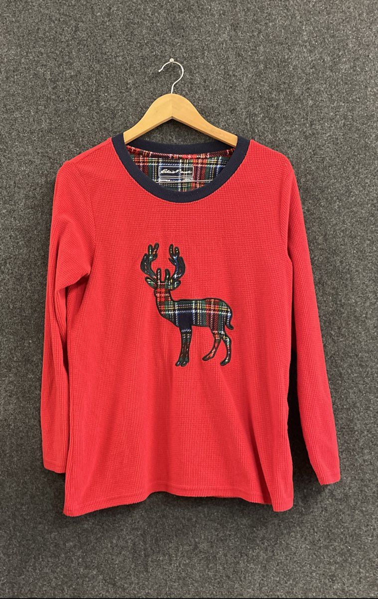 Eddie Bauer Women's Red Waffle Knit Pajama Shirt Plaid Deer Patch Sz S