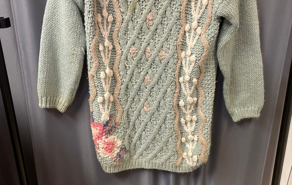 Vintage 90s Shenanigans Women's Sea Foam Floral Hand Knit Sweater Dress Sz S
