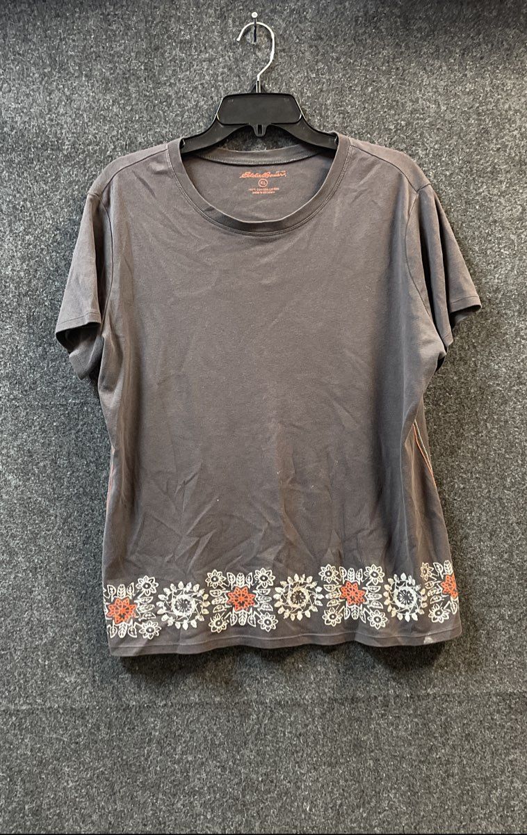 Eddie Bauer Women's Gray Short Sleeve Floral Embroidered Hem Cotton T-Shirt XL