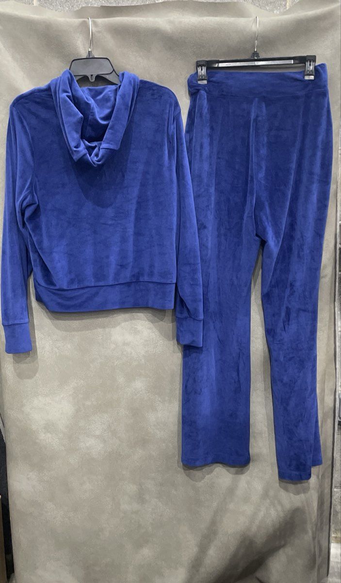 INC Women's Blue Velour Tracksuit Set Zip Hoodie M & Drawstring Pants Sz S