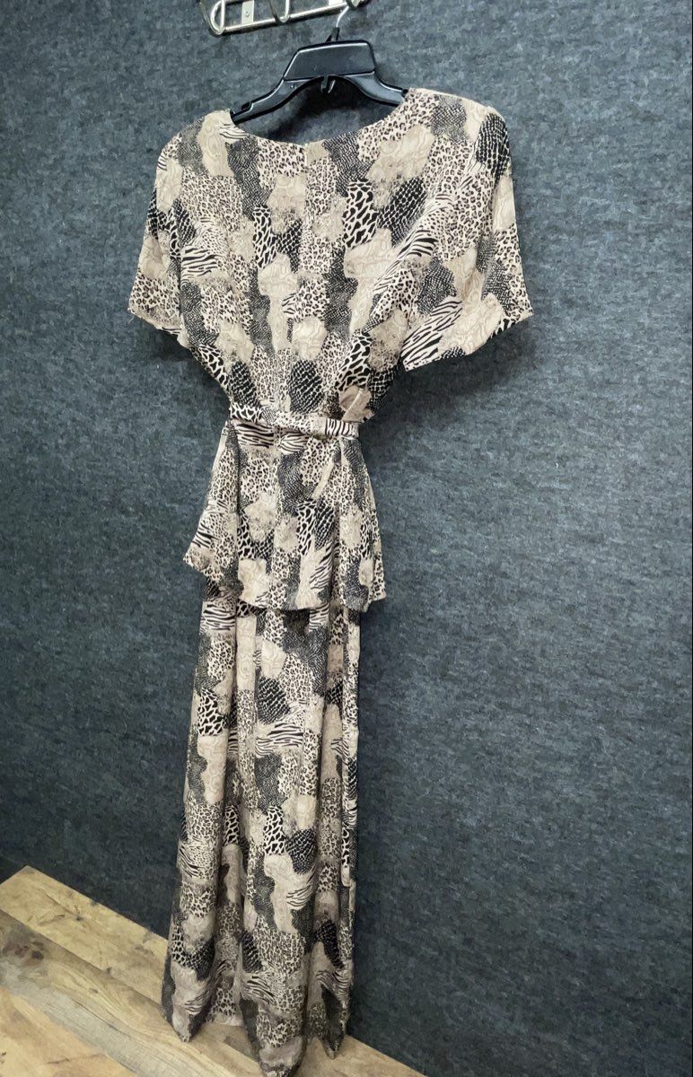 Vintage 90s Mixed Animal Print Peplum Maxi Dress Short Sleeve Back Slit Sz M