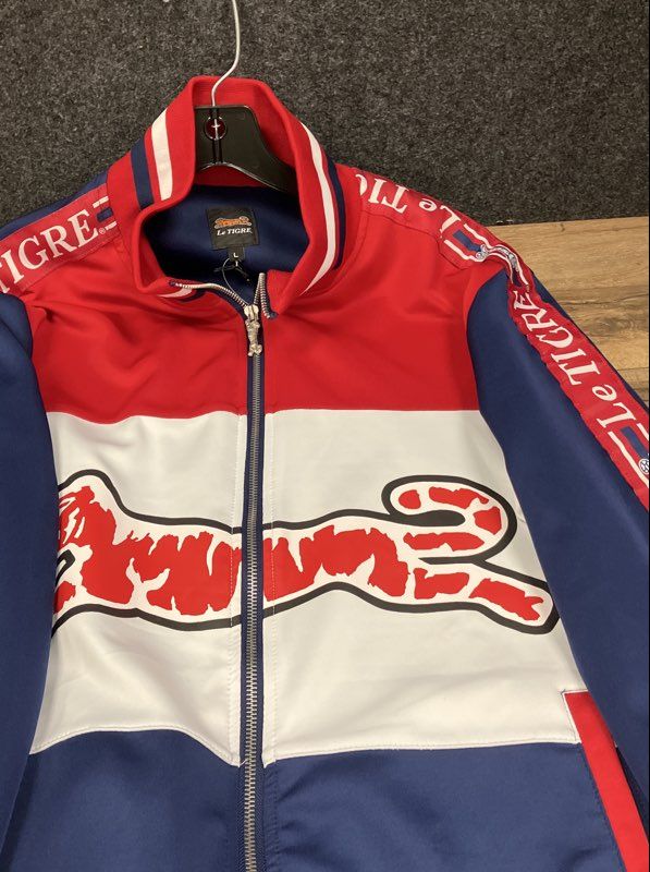 Men's Red White Blue Logo Tape Sleeve Large Tiger Track Jacket Sz L