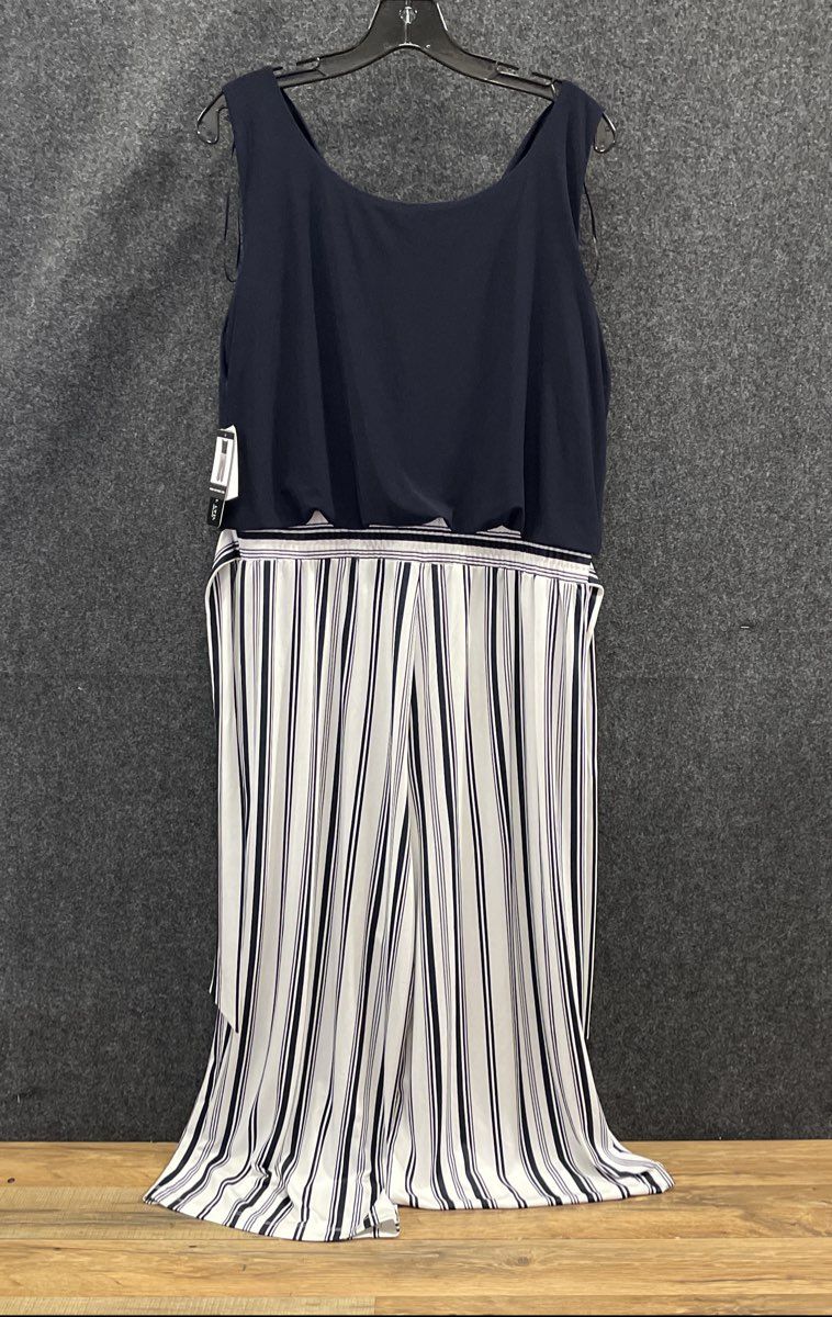 Soho Apparel Women's Navy Blue White Striped Wide Leg Cowl Neck Jumpsuit Sz L