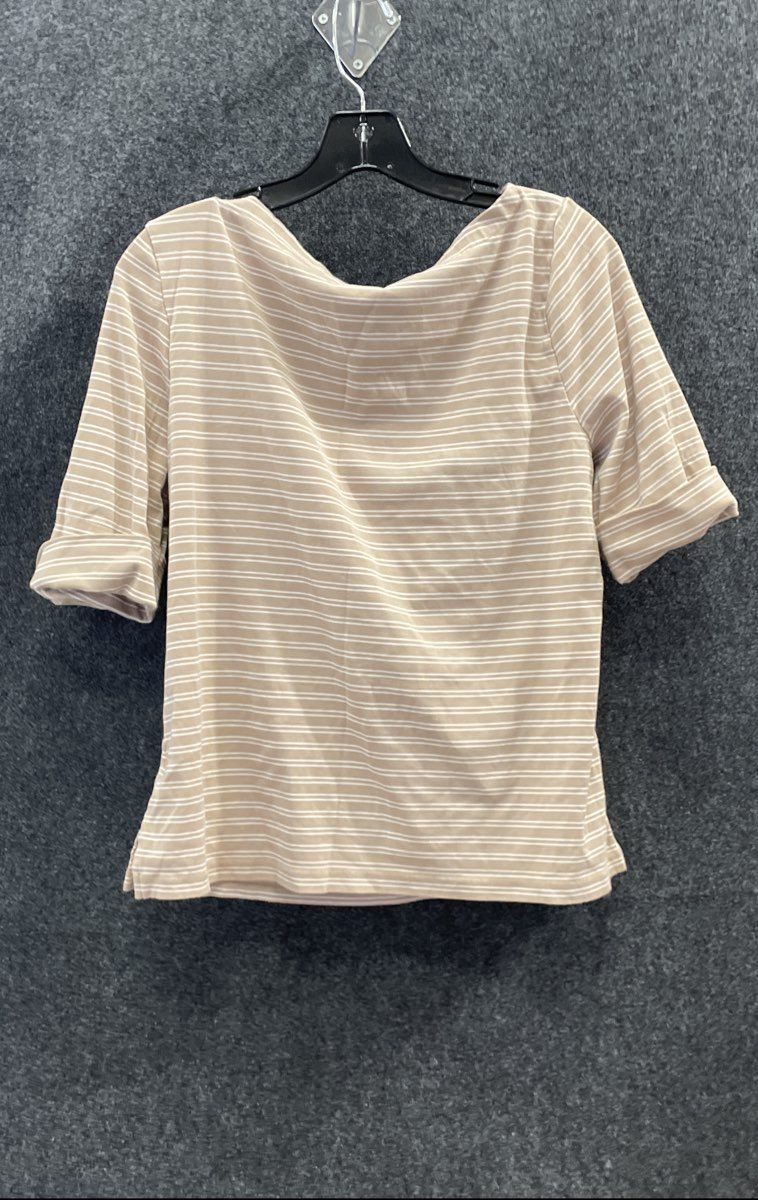Lauren Ralph Lauren Women's Tan White Striped Boat Neck 3/4 Sleeve Shirt Sz XL