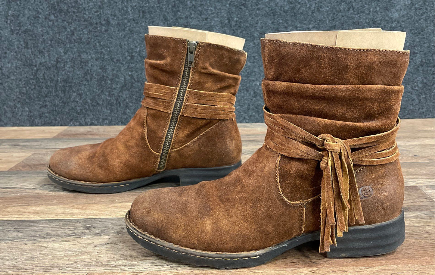 Born Kerri Brown Suede Fringe Tassel Slouchy Ankle Boots Women's Size 9