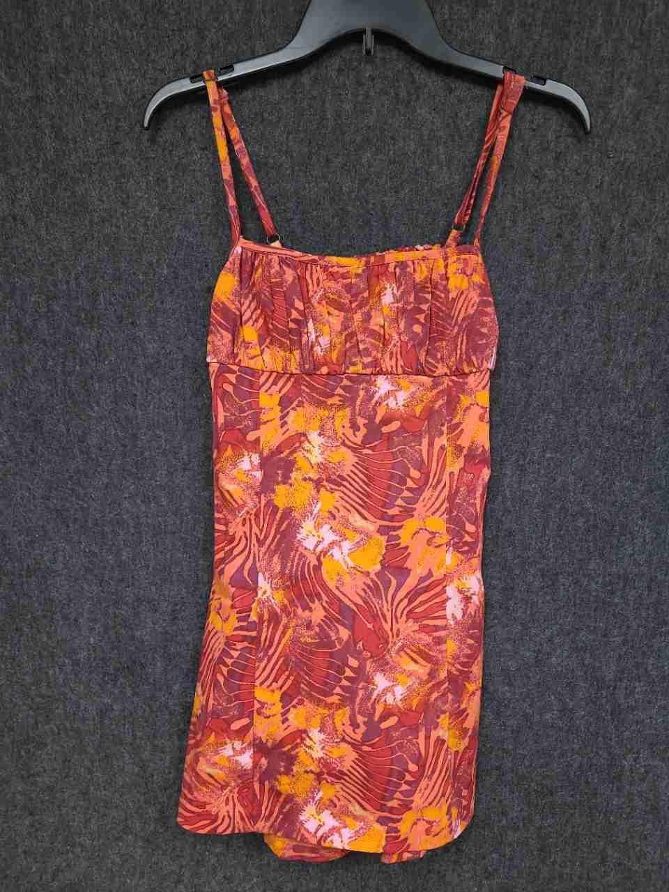 Women's Orange Tropical Print Mini Sun Dress Spaghetti Strap Cutout Back