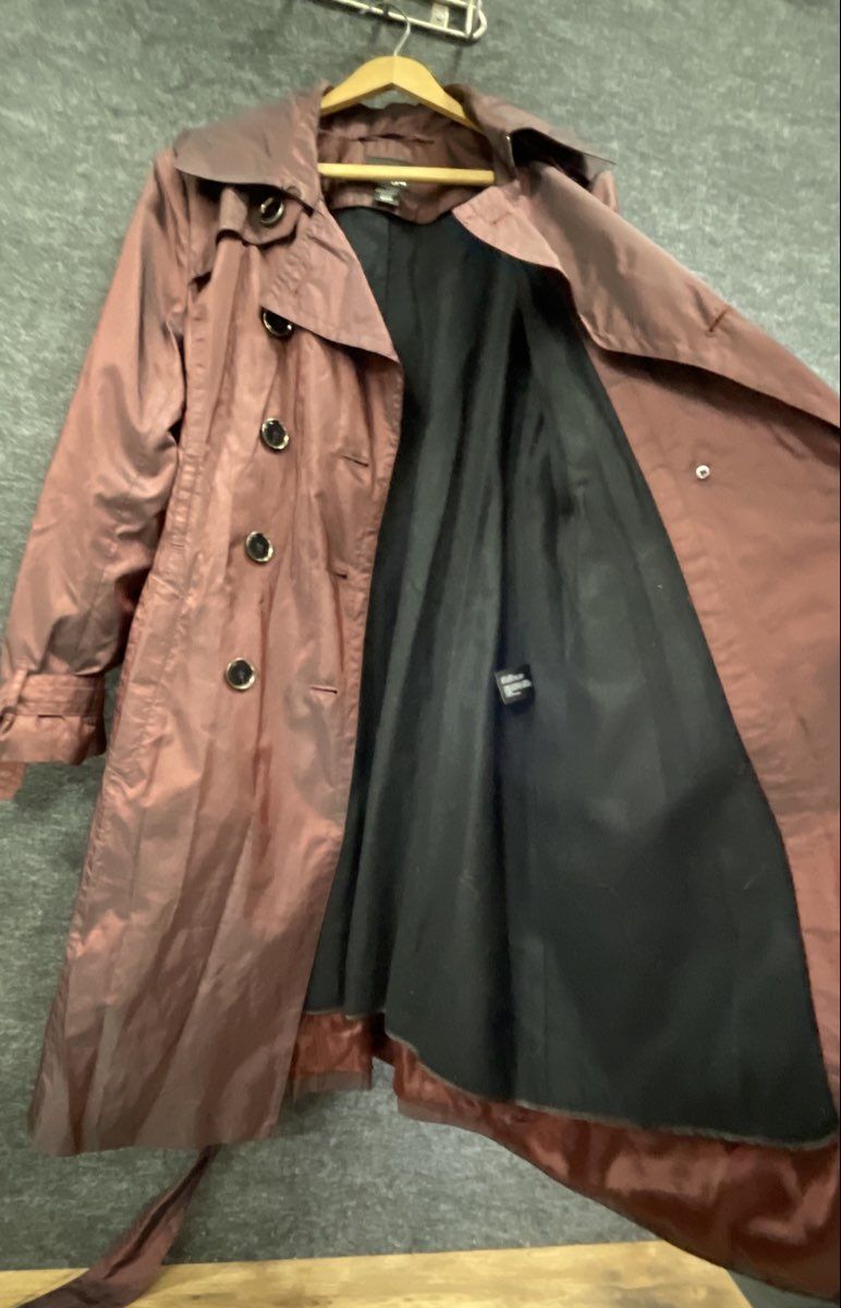 H&M Women's Purple Iridescent Double Breasted Belted Trench Coat Sz 8