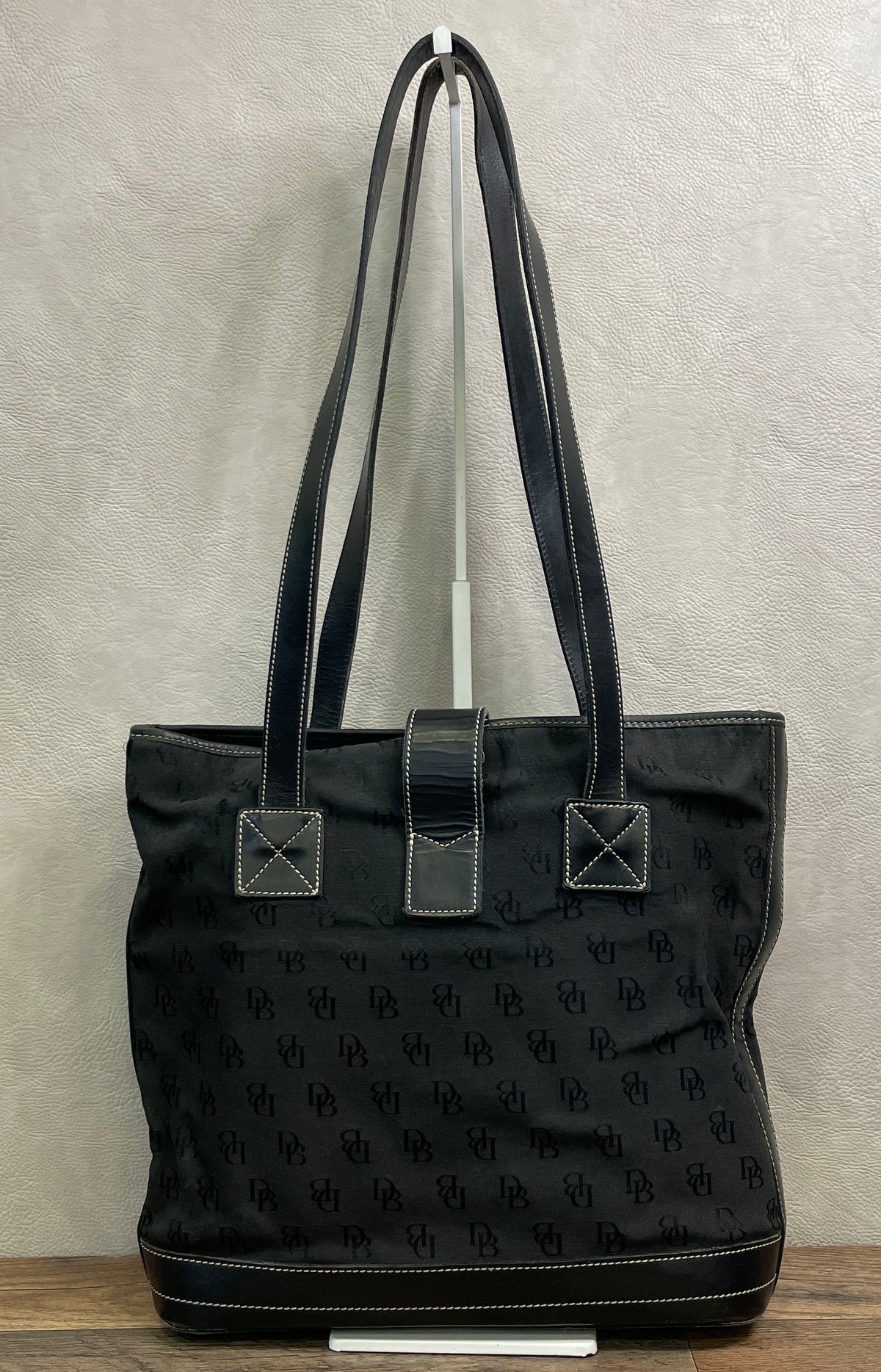 Vintage Dooney & Bourke Black Monogram Fabric Leather Tote Bag Silver Hardware