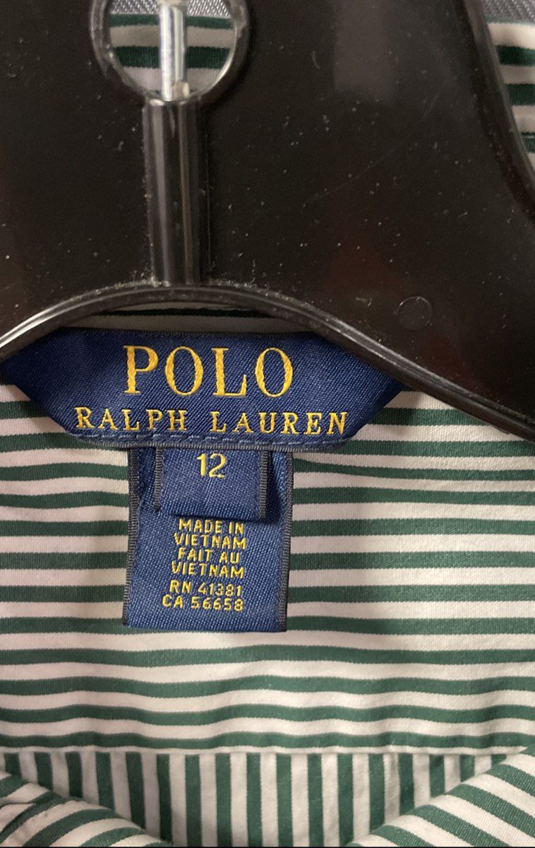 Polo Ralph Lauren Girls Green White Pinstripe Shirt Dress Roll Tab Sleeve Sz 12