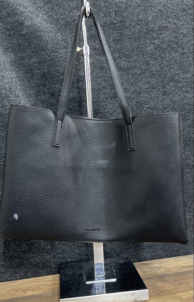 Vince Camuto Black Pebbled Leather Grey Stripe Tote Bag Large