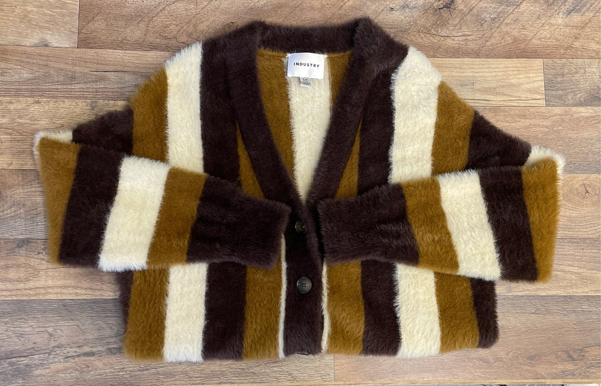 Industry Women's Brown Multicolor Fuzzy Striped Eyelash Knit Cardigan Sz L