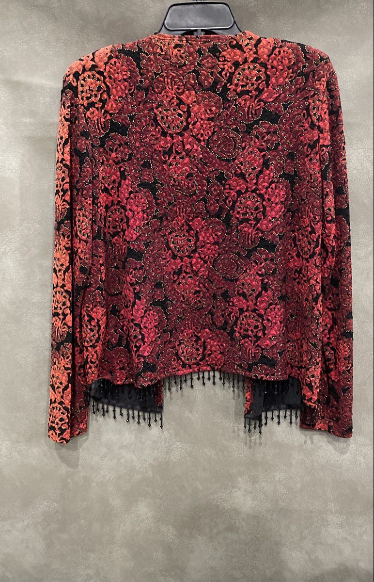 Vintage Y2K Connected Apparel Women's Red Black Damask Beaded Open Cardigan Sz S