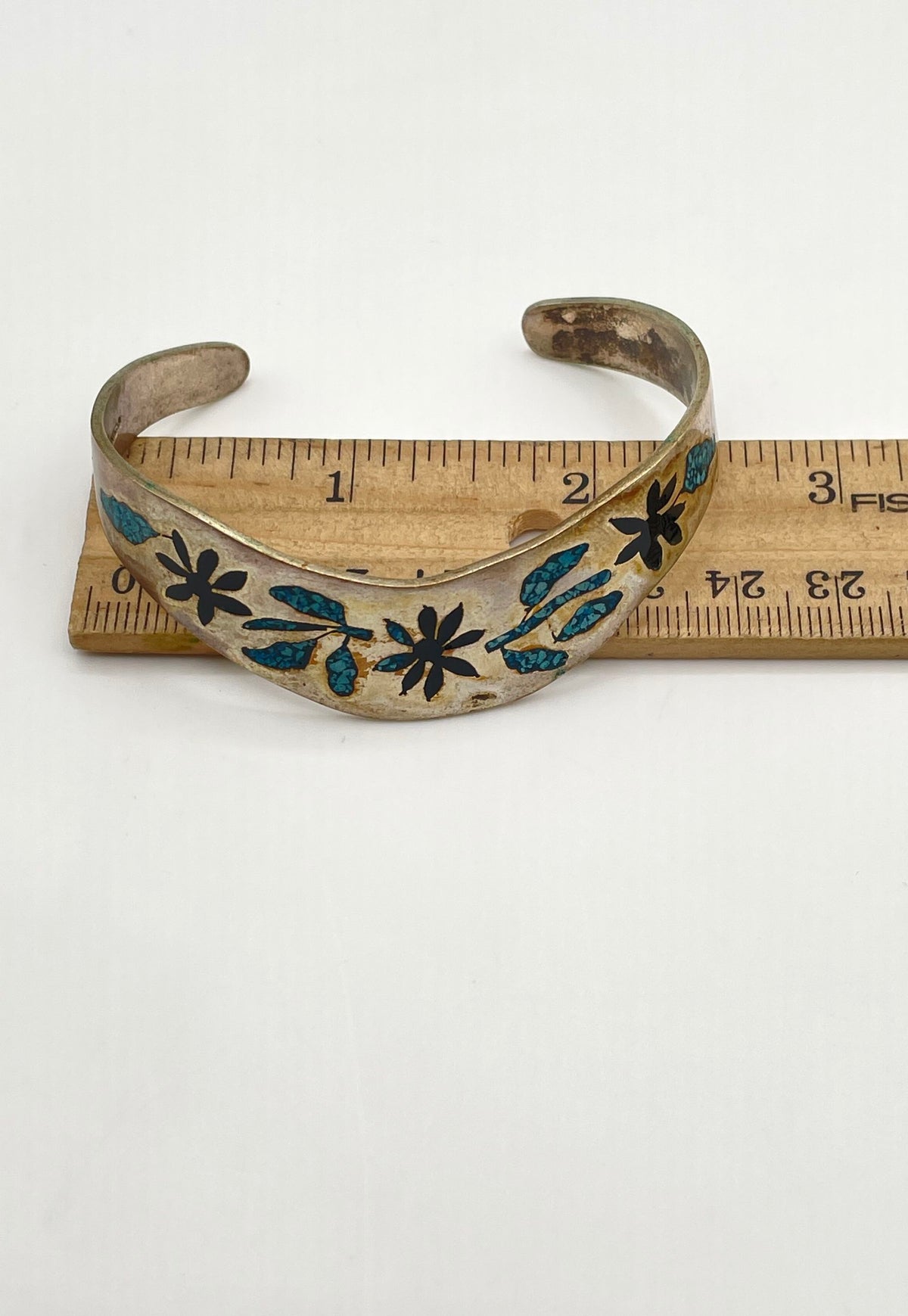 Alpaca Silver Crushed Turquoise Enamel Inlay Cuff Bracelet Mexico Marked 19.4g