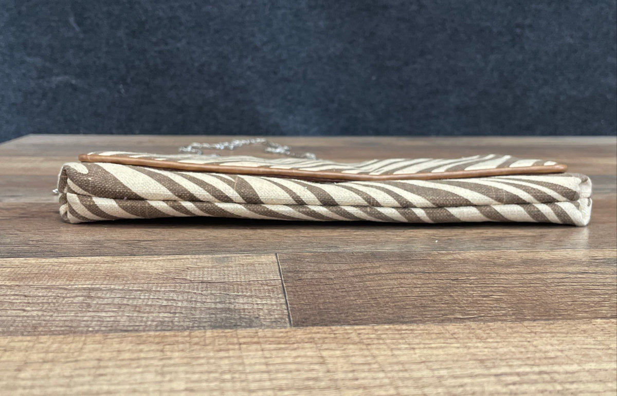 Zebra Pattern Brown and Cream Fabric Clutch Shoulder Bag Silver Chain Strap