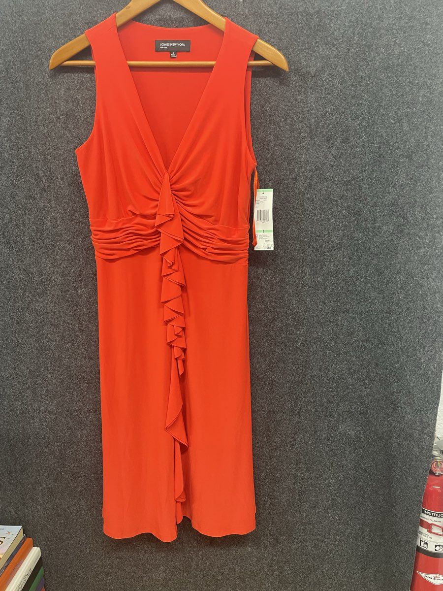 Jones New York Women's Dress Kumquat Orange Red Ruched Ruffle Front NWT Size 8