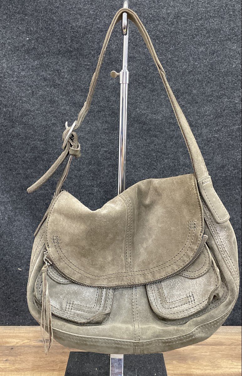Lucky Brand Olive Green Suede Flap Hobo Shoulder Bag Metallic Detail