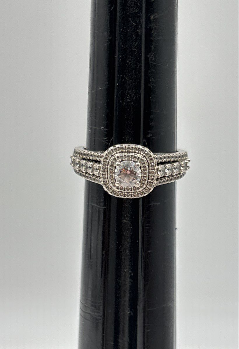 925 Sterling Silver Double Halo Round-Cut CZ Ring 4.9g