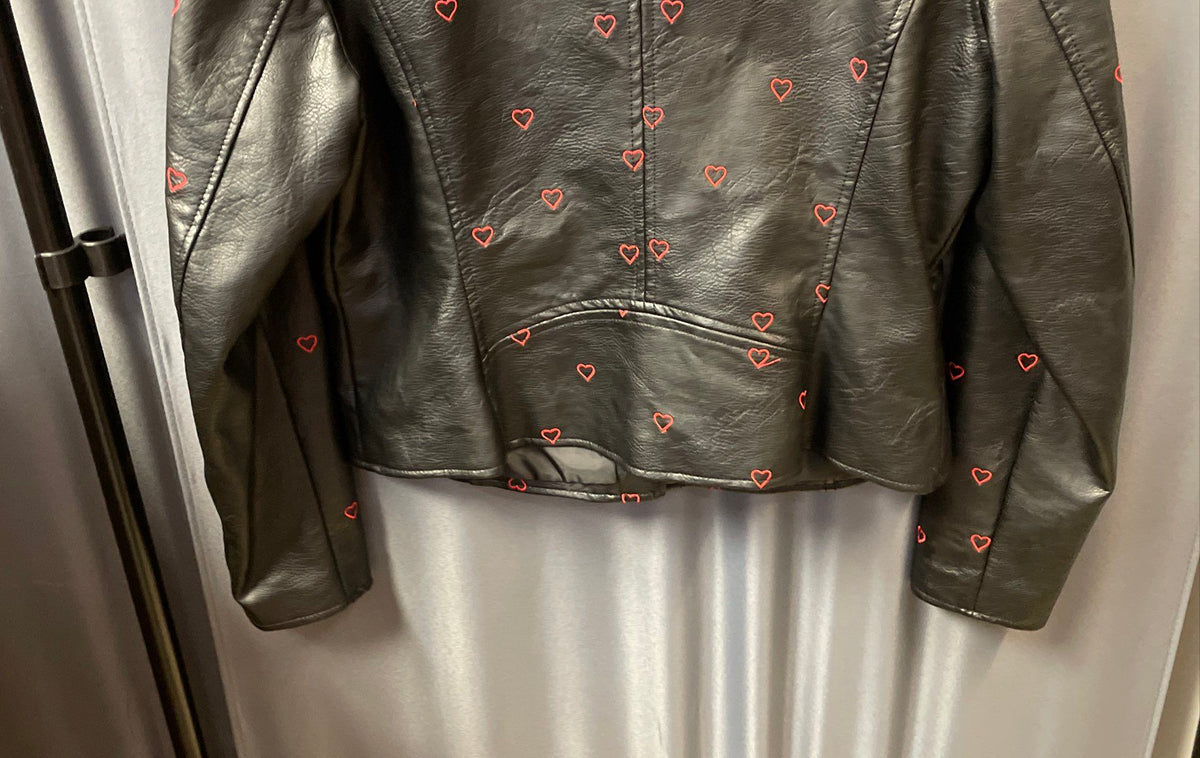 Candie's Women's Black Embroidered Hearts Faux Leather Moto Jacket Sz XL