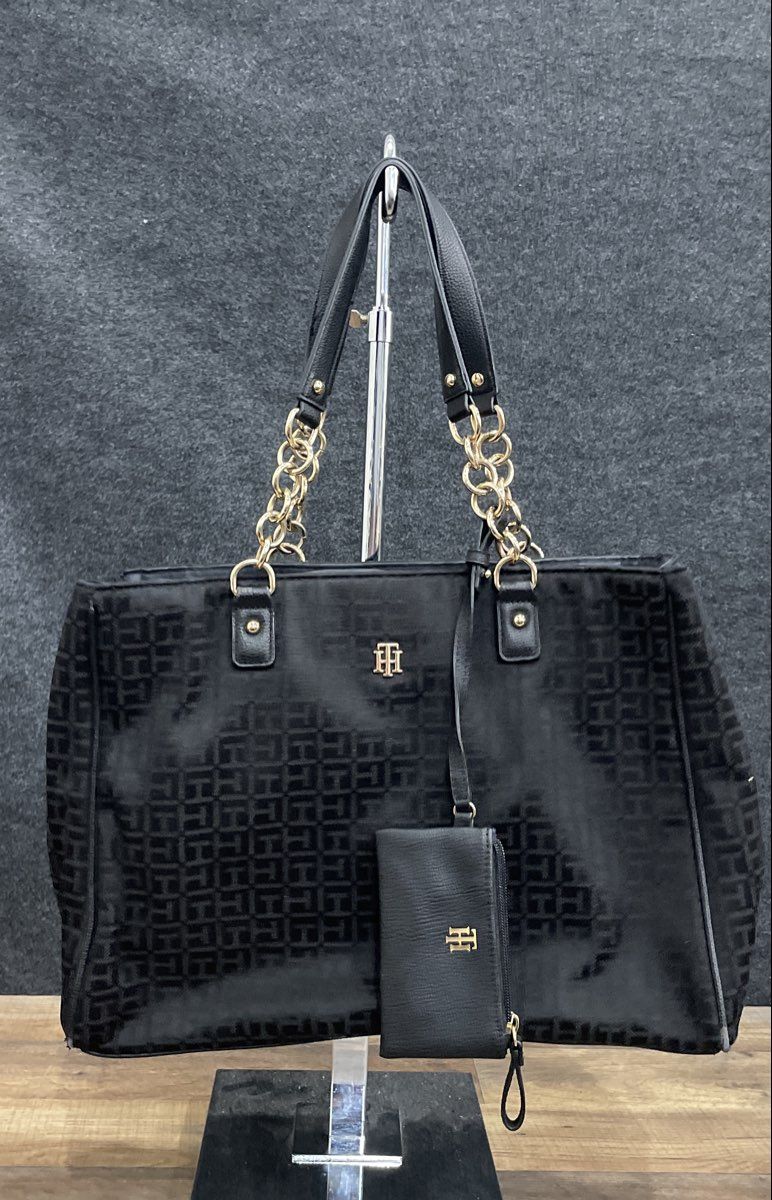 Tommy Hilfiger Black Monogram Tote Bag Gold Chain Hardware with Pouch