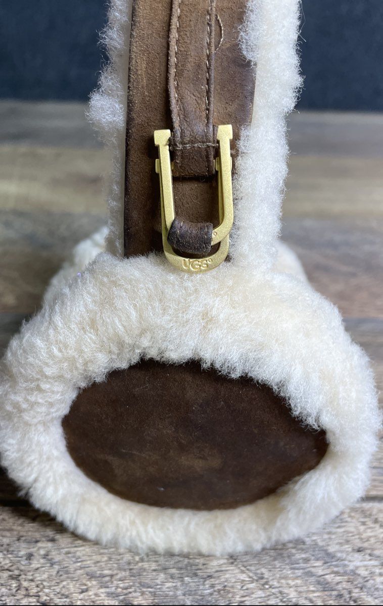 UGG Women's Brown Sheepskin Shearling Earmuffs Cream Fleece Gold Tone Logo
