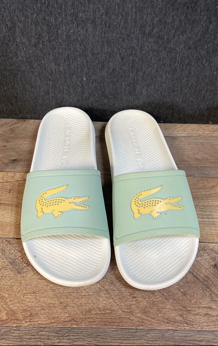 Lacoste Fraisier White Aqua Yellow Slide Sandals Size 10.5" Footbed