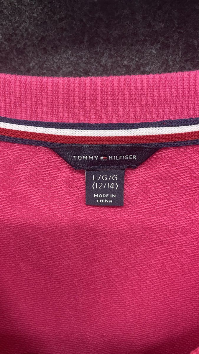 Tommy Hilfiger Women's Pink Colorblock Logo Graphic Raw Hem Sweatshirt Size L