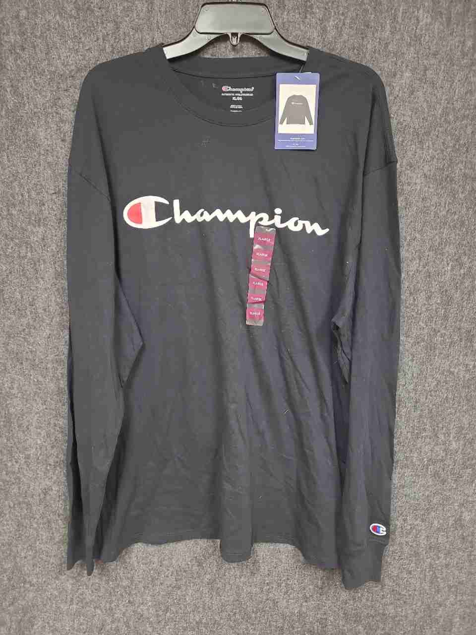 Champion Men's Black Long Sleeve T-Shirt Script Logo NWT Sz XL