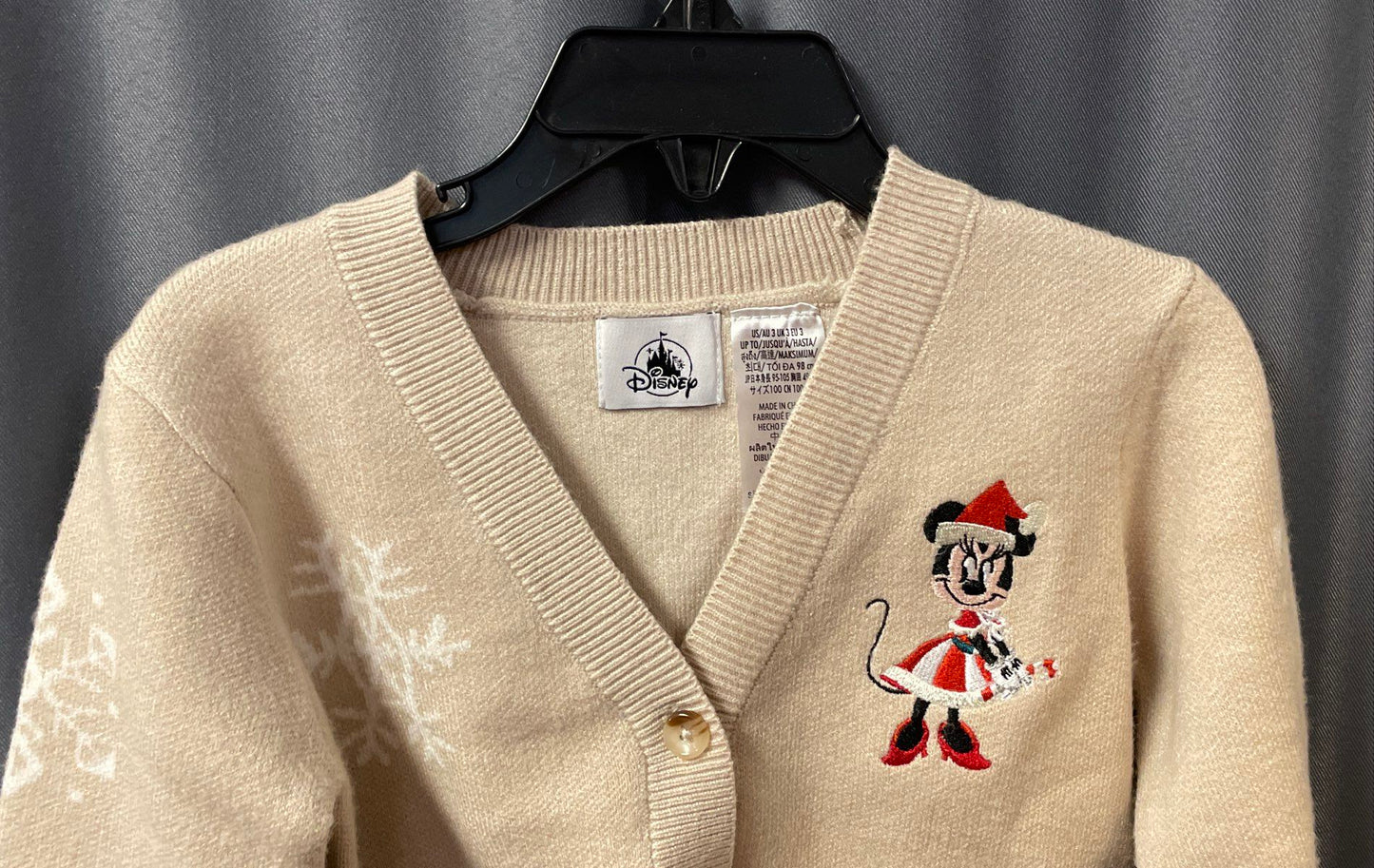 Disney Toddler Tan Minnie Mouse Christmas Snowflake Cardigan Sweater NWT Sz 3