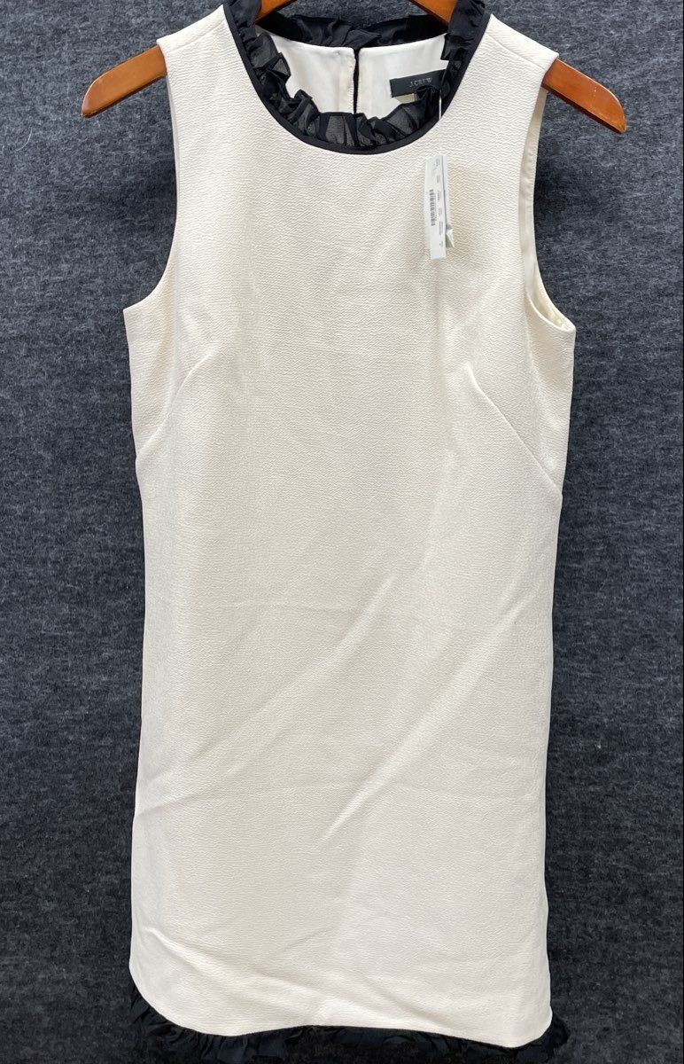 J. Crew Women's Ivory White Sleeveless Shift Dress Black Ruffle Trim Sz 4 NWT
