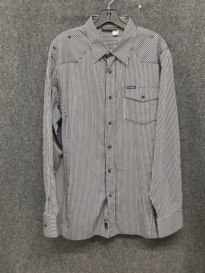 Rocawear Men's Vintage Y2K Black White Striped RCWR Big Logo Button Up Shirt XL