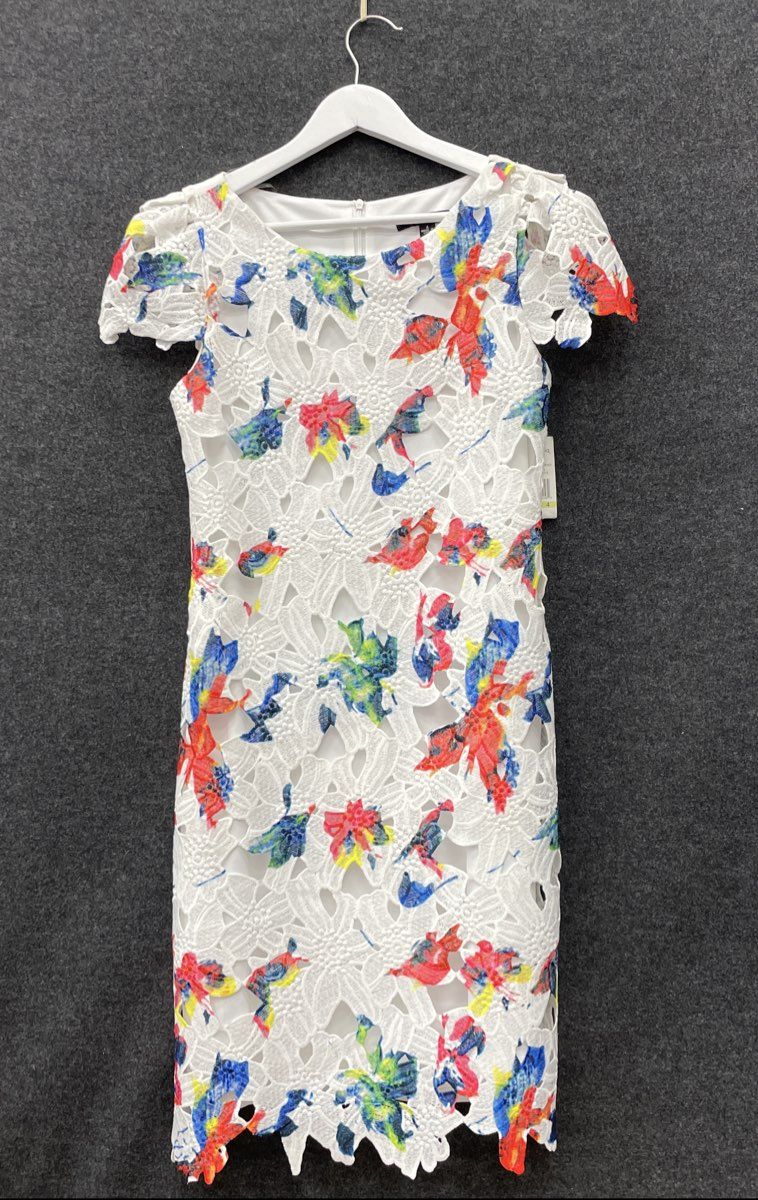 Sharagano Women's White Multi Floral Lace Sheath Dress NWT Size 4