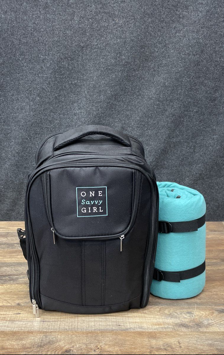 One Savvy Girl Black Picnic Backpack Set 4 Person with Teal Fleece Blanket