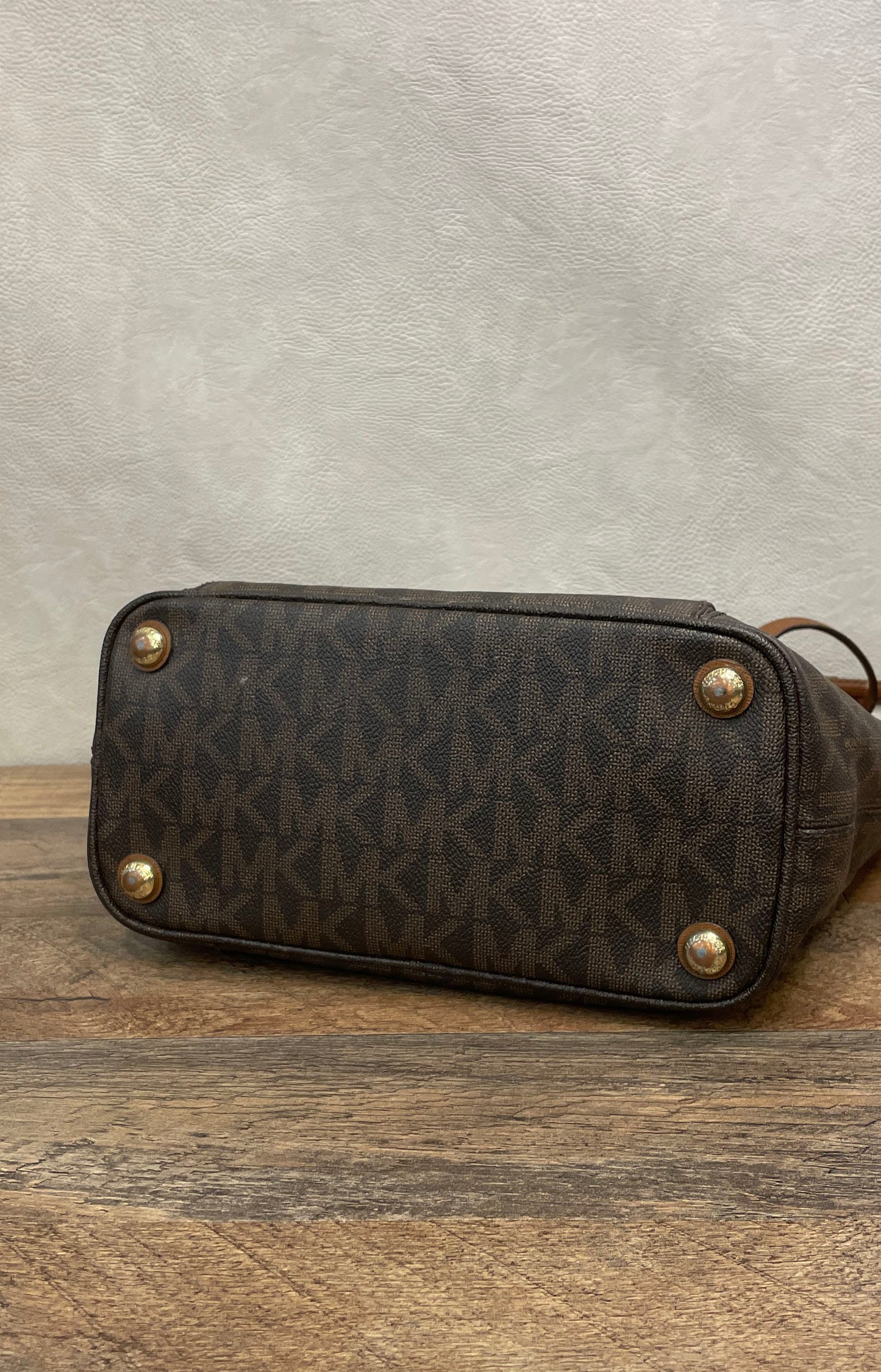 Michael Kors Brown Signature Monogram Tote Bag Gold Hardware Medium