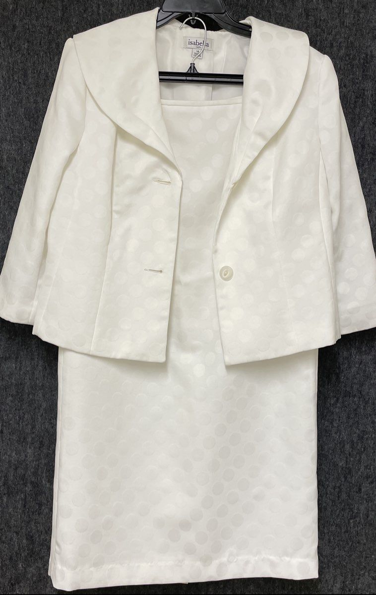 Isabella Suits Women's White Jacquard Polka Dot 2-Piece Skirt Suit Sz 14