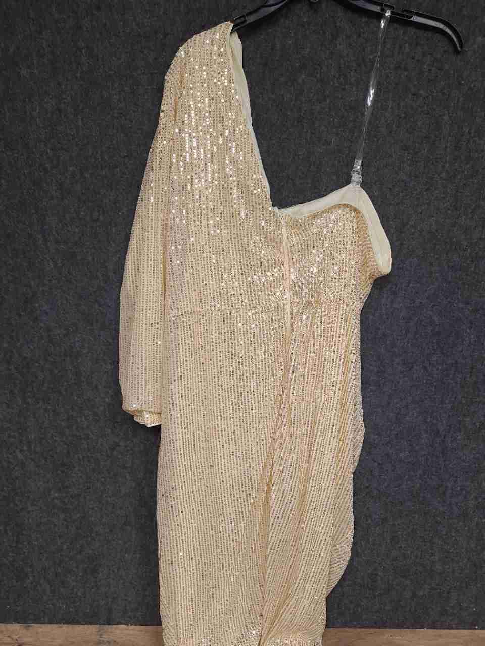 XPLUSWEAR Women's Gold One Shoulder Sequin Maxi Dress Draped Slit Sz XL NWT