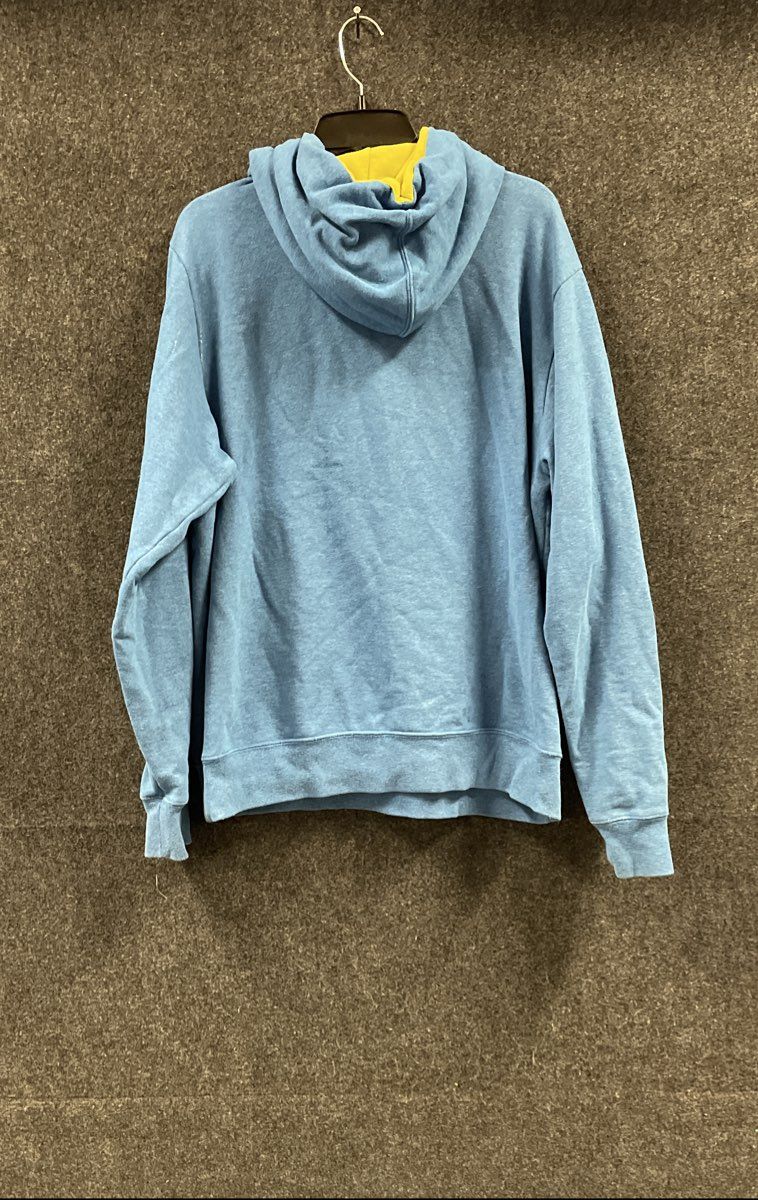 The North Face Men's Heathered Blue Hoodie Graphic Logo Yellow Drawstring Sz L