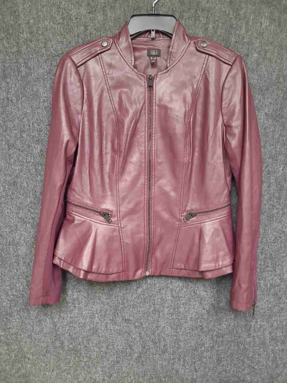 G.I.L.I. Women's Burgundy Faux Leather Peplum Moto Jacket Zip Front Size 8