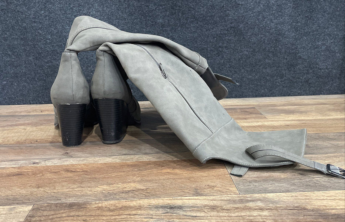 Easy Street Grey Faux Suede Tall Block Heel Boots Women's Size 8M