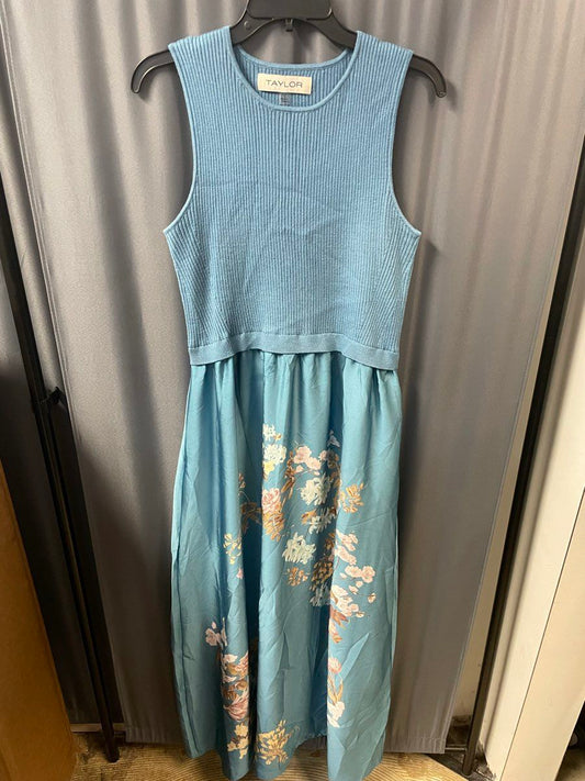 Taylor Women's Light Blue Ribbed Knit Floral Midi Dress Sz L