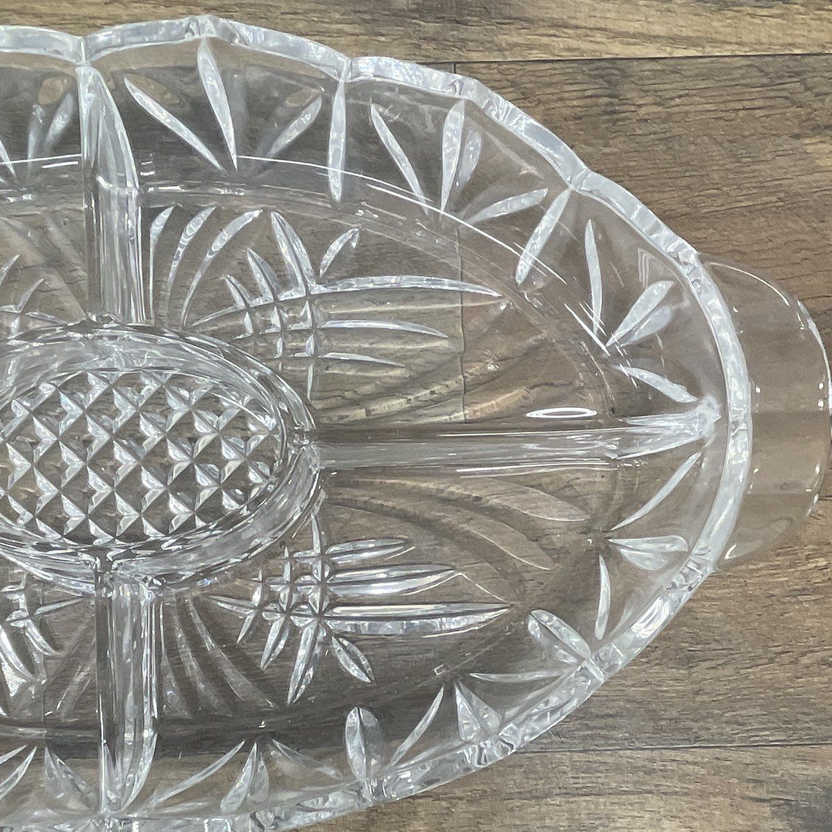Pressed Glass Divided Relish Dish Starburst & Diamond Pattern Tray 16" Vintage