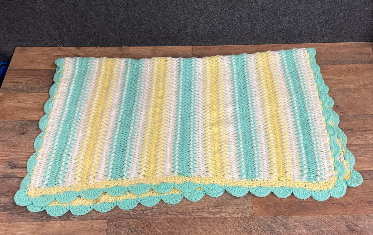 Vintage Mile a Minute Crochet Blanket Striped Pastel Scalloped Baby Afghan