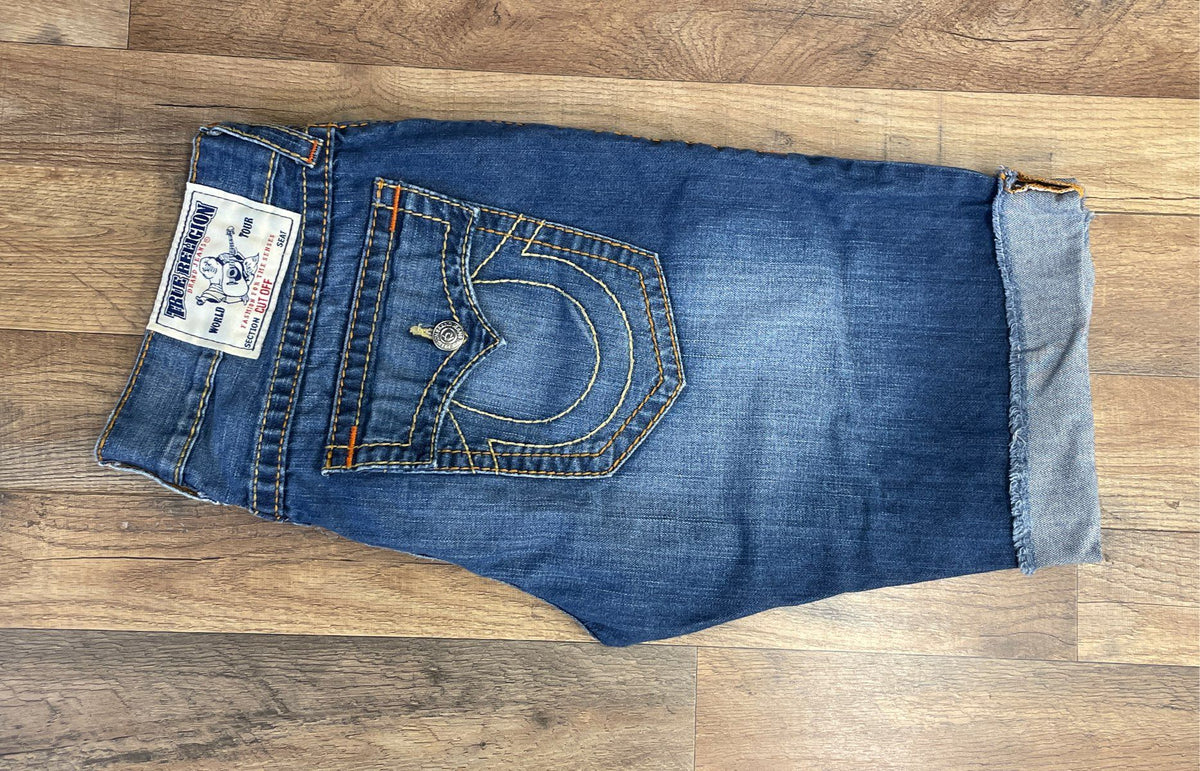 True Religion Men's Blue Distressed Cut Off Denim Shorts Horseshoe Sz 36