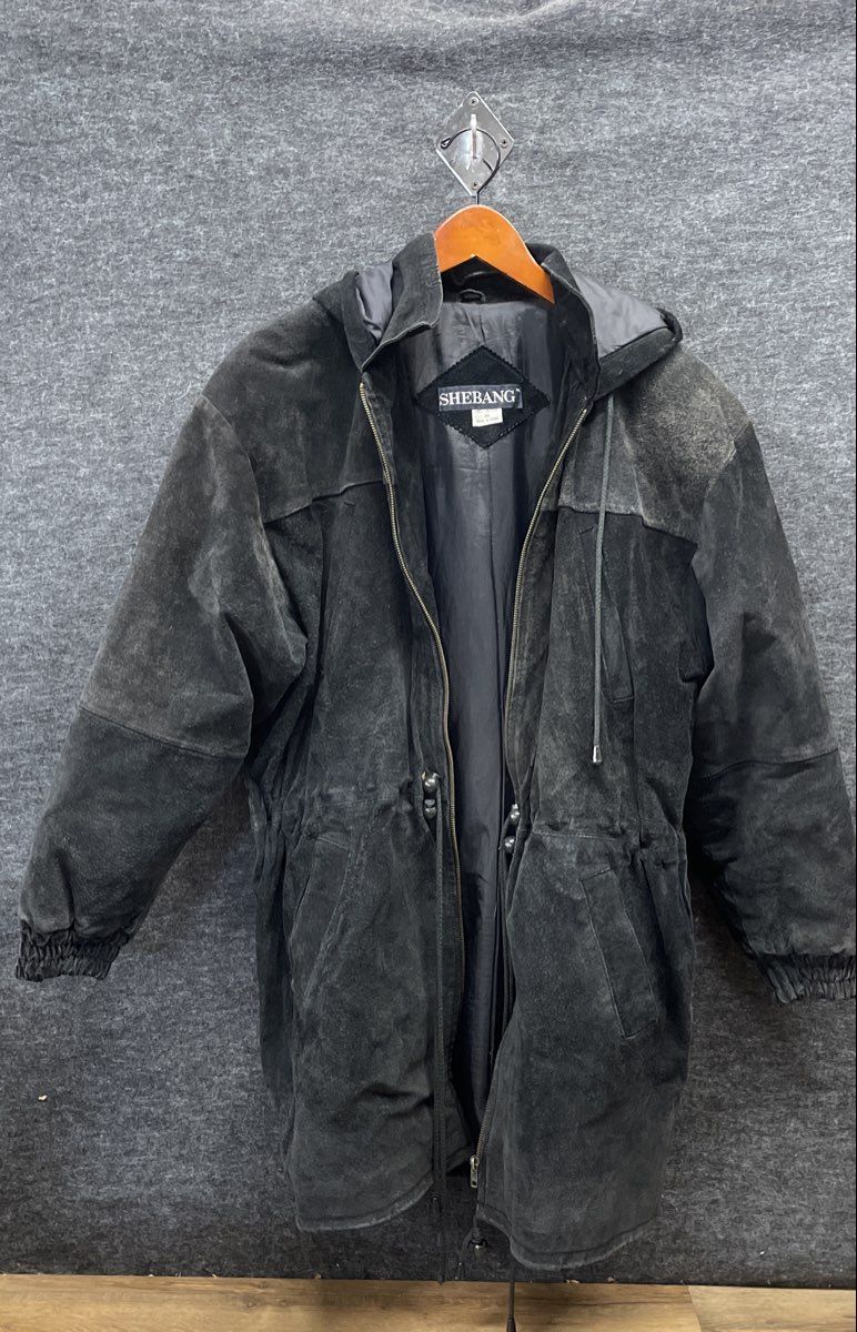 Vintage 90s Shebang Women's Black Suede Leather Hooded Parka Jacket Sz M