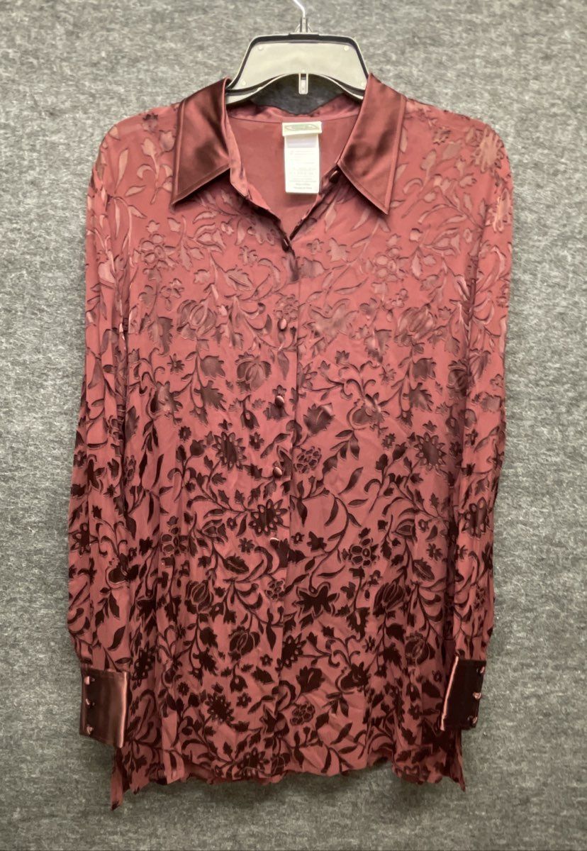 Vintage Y2K Laura Ashley Women's Burgundy Silk Floral Devore Blouse Tunic Sz 12