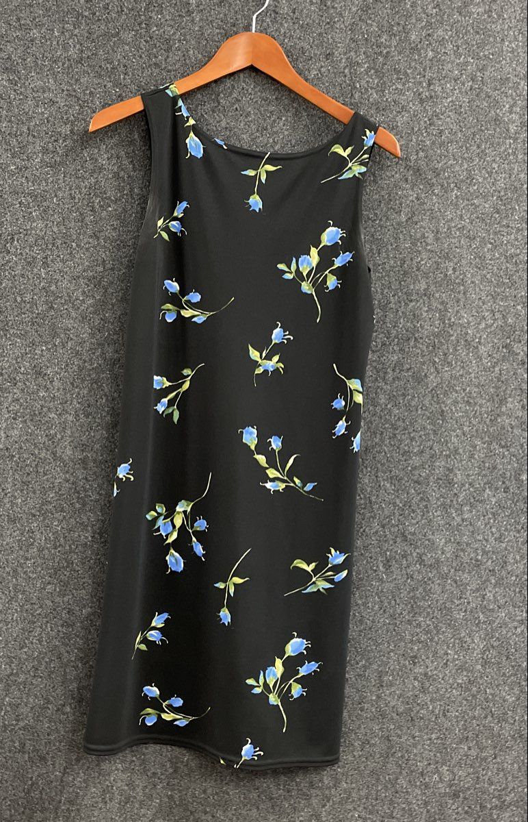 Vintage 90s G.A.S. Women's Black Blue Floral Sleeveless Shift Dress Sz L