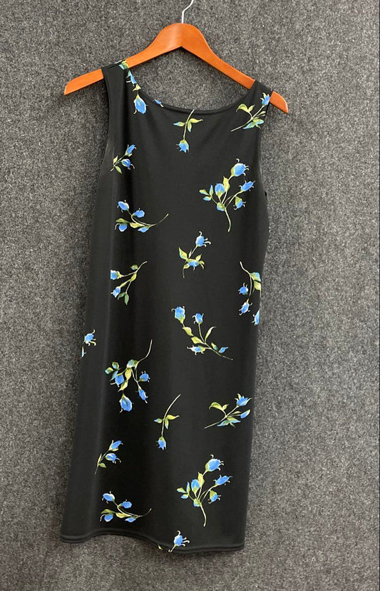 Vintage 90s G.A.S. Women's Black Blue Floral Sleeveless Shift Dress Sz L