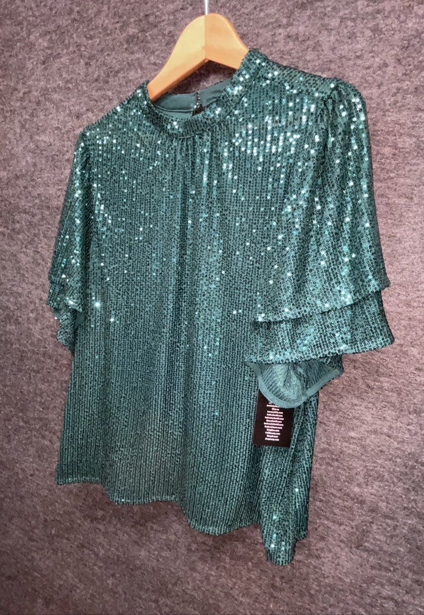 Joe Browns Women's Green Sequin Mock Neck Blouse Tiered Ruffle Sleeve Sz M NWT