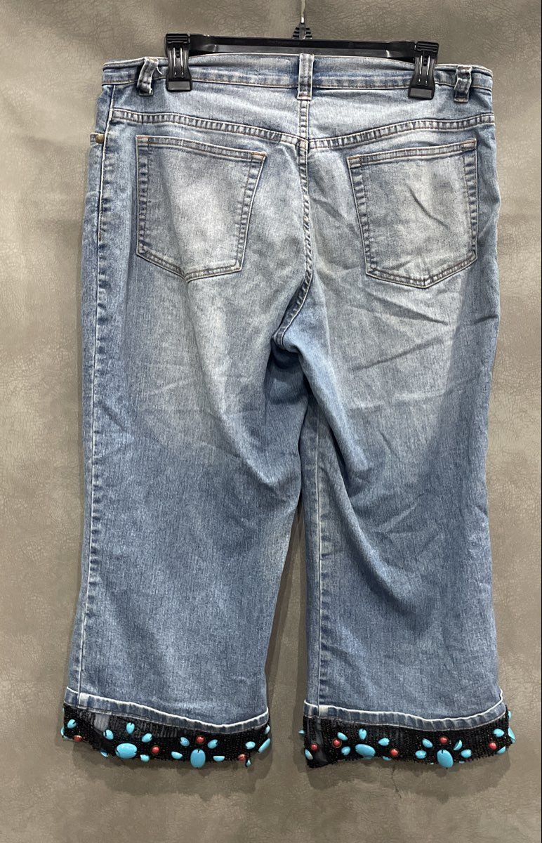 Vintage Y2K Cristina Women's Light Wash Beaded Turquoise Cropped Jeans Sz P10