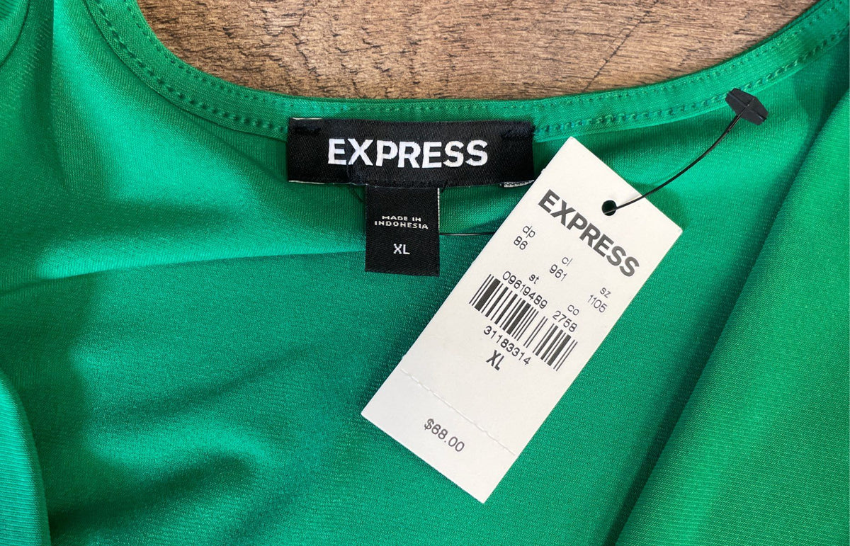 Express Women's Green V-Neck Long Puff Sleeve Ruched Cuff Bodysuit Sz XL NWT
