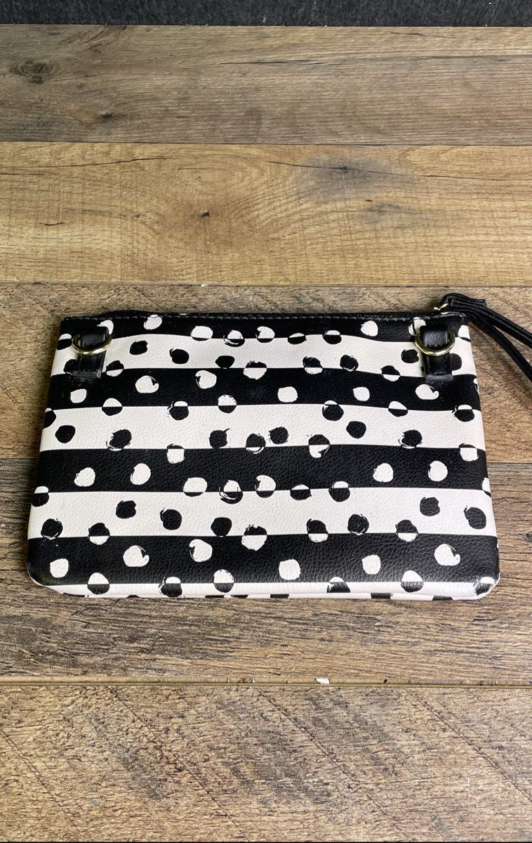 Betsey Johnson Luv Betsey Black White Striped Polka Dot Wristlet Pouch Gold Logo